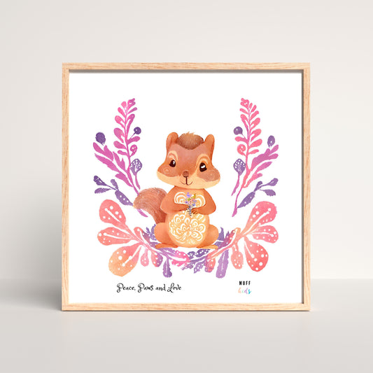 Peace, Paws and Love Squirrel No:2 Art Print Poster For Kids