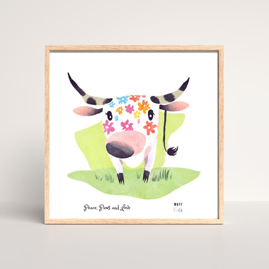 Peace, Paws and Love Cow No:2 Art Print Poster For Kids