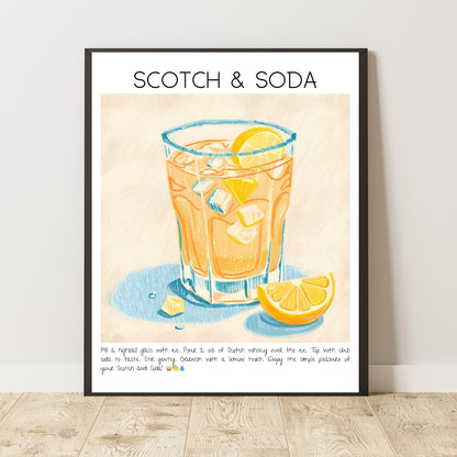 Cocktail Art Print Design Poster Scotch & Soda Bar Decor