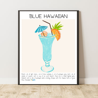 Cocktail Art Print Design Poster Blue Hawaiian Bar Decor