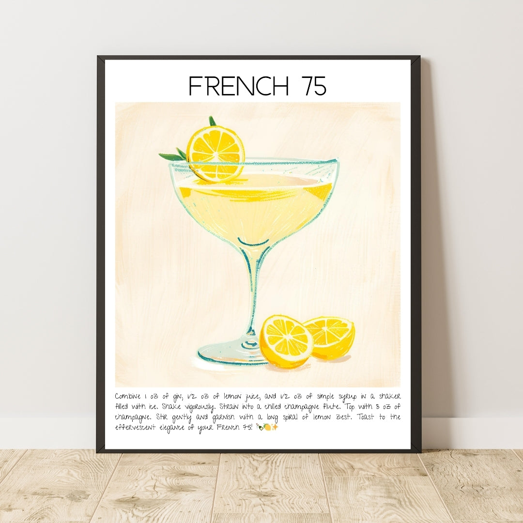 Cocktail Art Print Design Poster French 75 Bar Decor