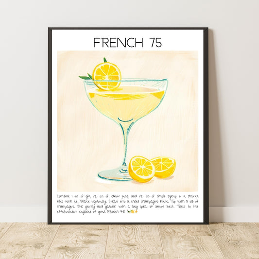 French 75 Cocktail Art Work Poster Bar Decor