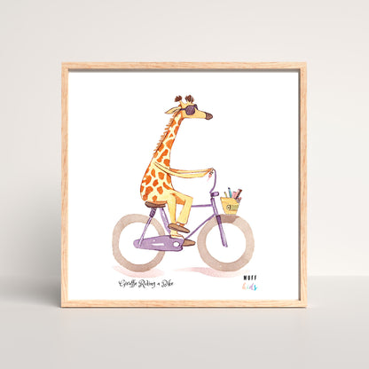 Kids Art Print Design Giraffe Ride a Bike No.2 Poster For Kids