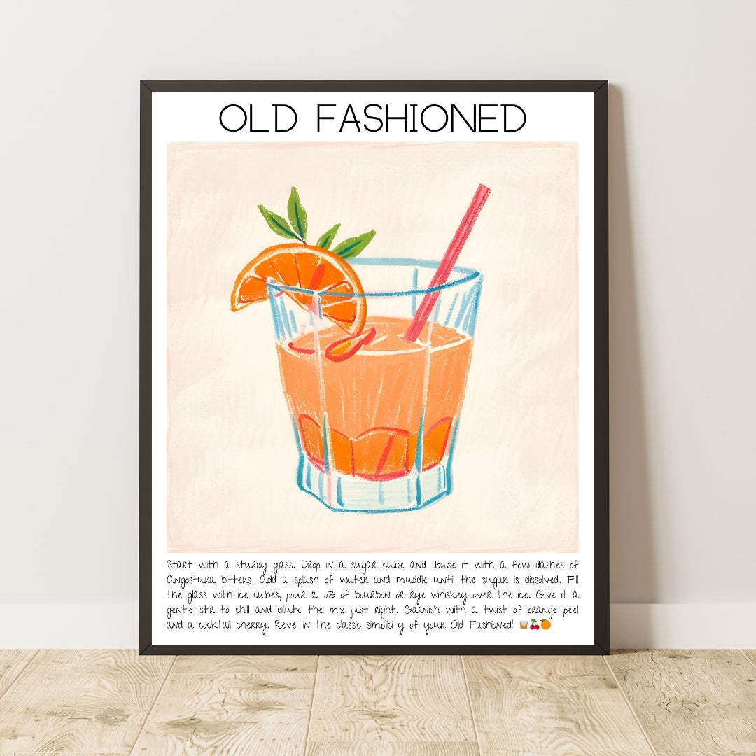 Cocktail Art Print Design Poster Old Fashioned Bar Decor