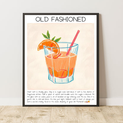 Cocktail Art Print Design Poster Old Fashioned Bar Decor