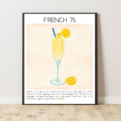 Cocktail Art Print Design Poster French 75 Bar Decor