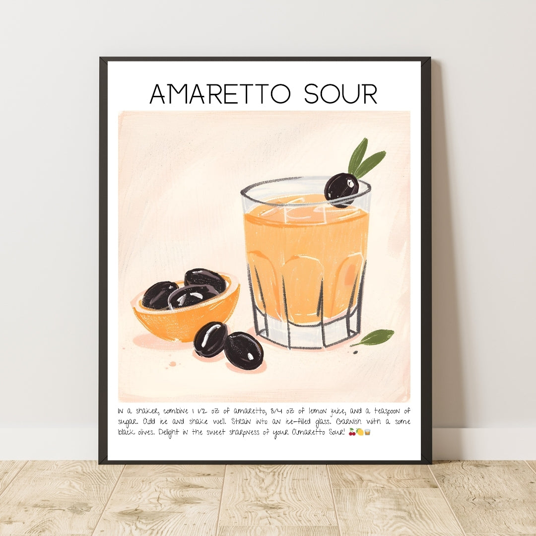 Cocktail Art Print Design Poster Amaretto Sour Bar Decor