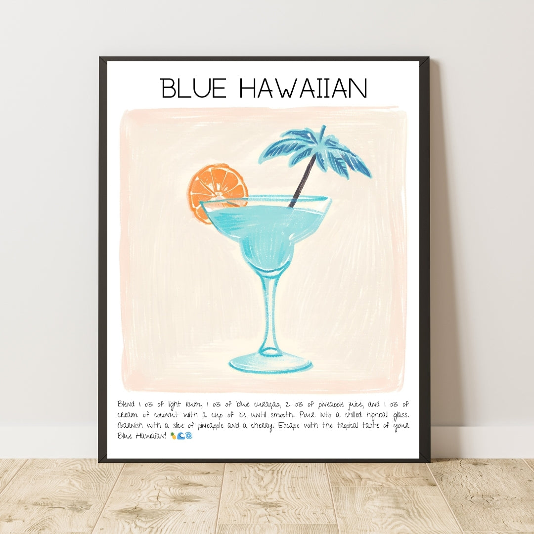 Cocktail Art Print Design Poster Blue Hawaiian Bar Decor