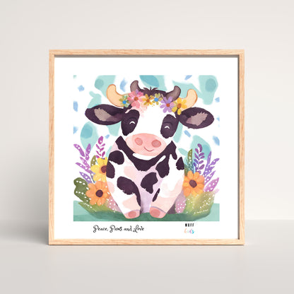 Peace, Paws and Love Cow No:1 Art Print Poster For Kids