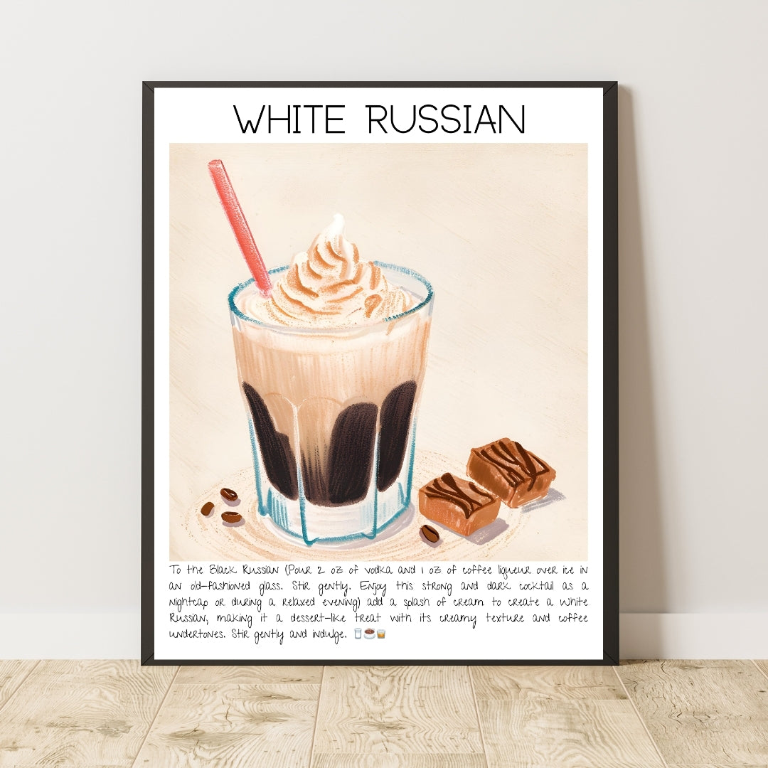 Cocktail Art Print Design Poster White Russian Bar Decor