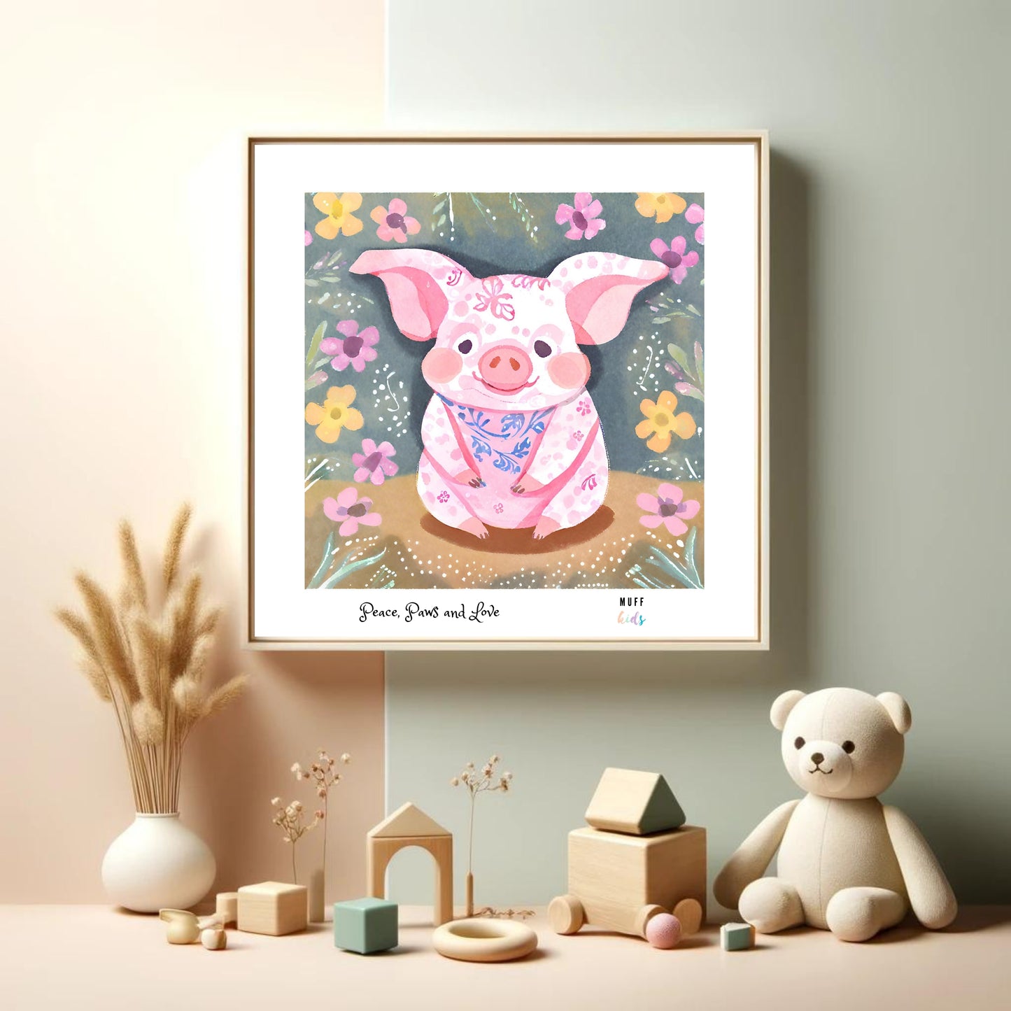 Peace, Paws and Love Pig No:4 Art Print Tasarım Çocuk Odası Posteri