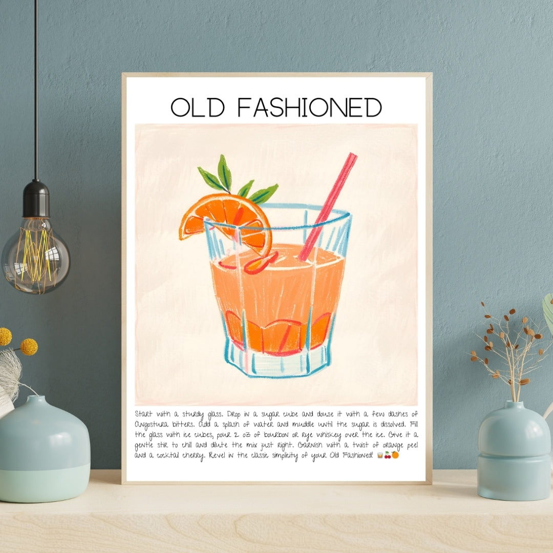 Cocktail Art Print Design Poster Old Fashioned Bar Decor