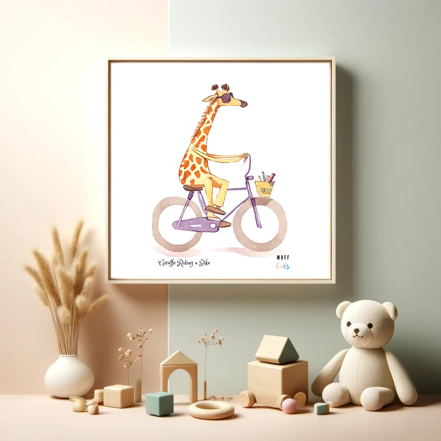 Kids Art Print Design Giraffe Ride a Bike No.2 Poster For Kids