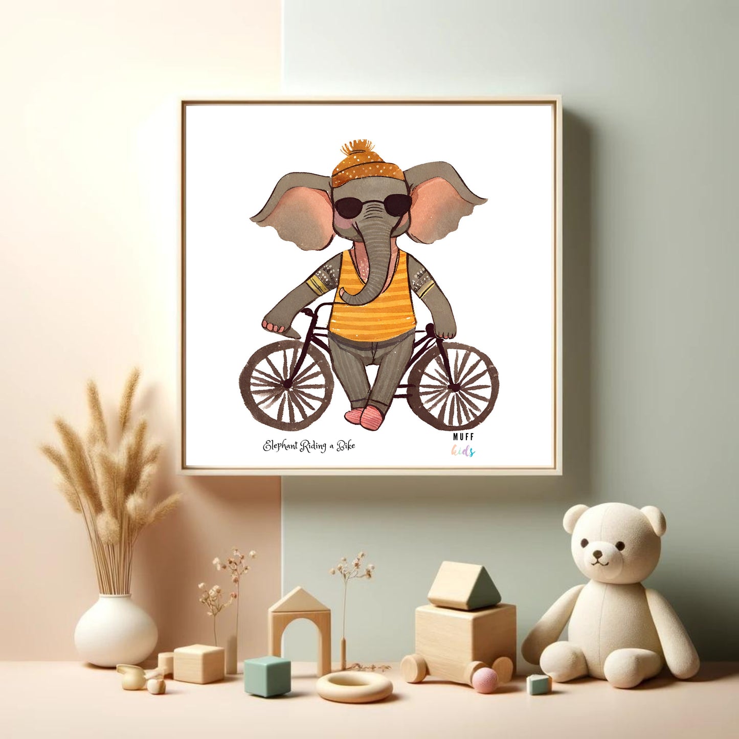 Kids Art Print Design Elephant Ride a Bike No.2 Poster For Kids