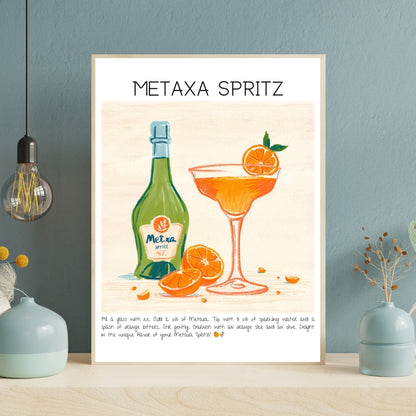 Cocktail Art Print Design Poster Metaxa Sprtiz Bar Decor