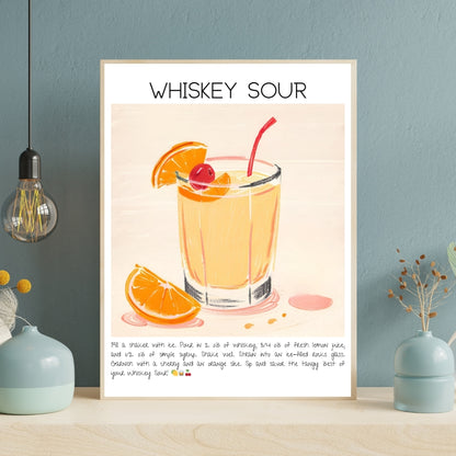 Cocktail Art Print Design Poster Whiskey Sour Bar Decor