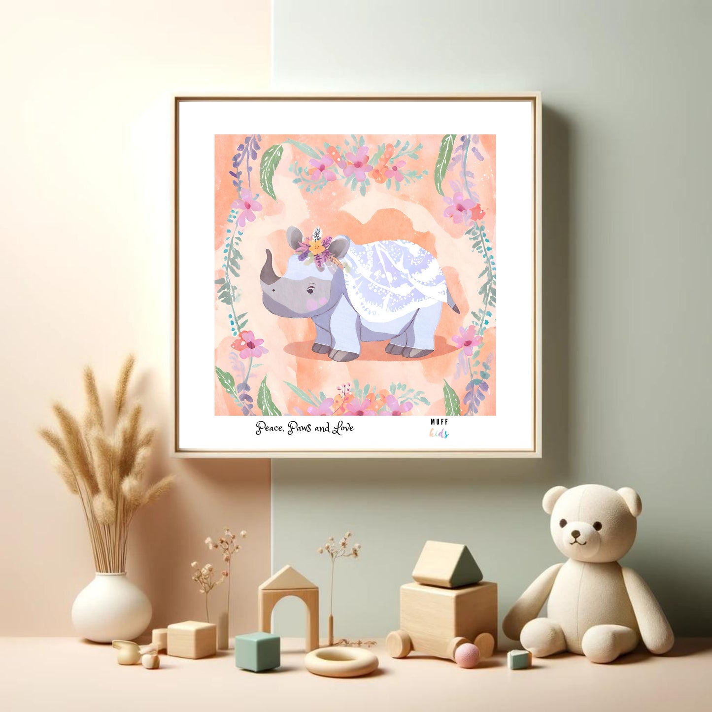 Peace, Paws and Love Hippo No:1 Art Print Poster For Kids