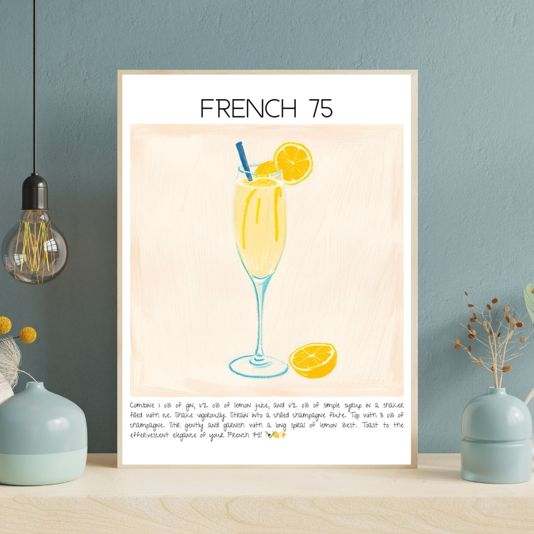 Cocktail Art Print Design Poster French 75 Bar Decor