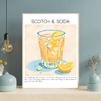 Cocktail Art Print Design Poster Scotch & Soda Bar Decor