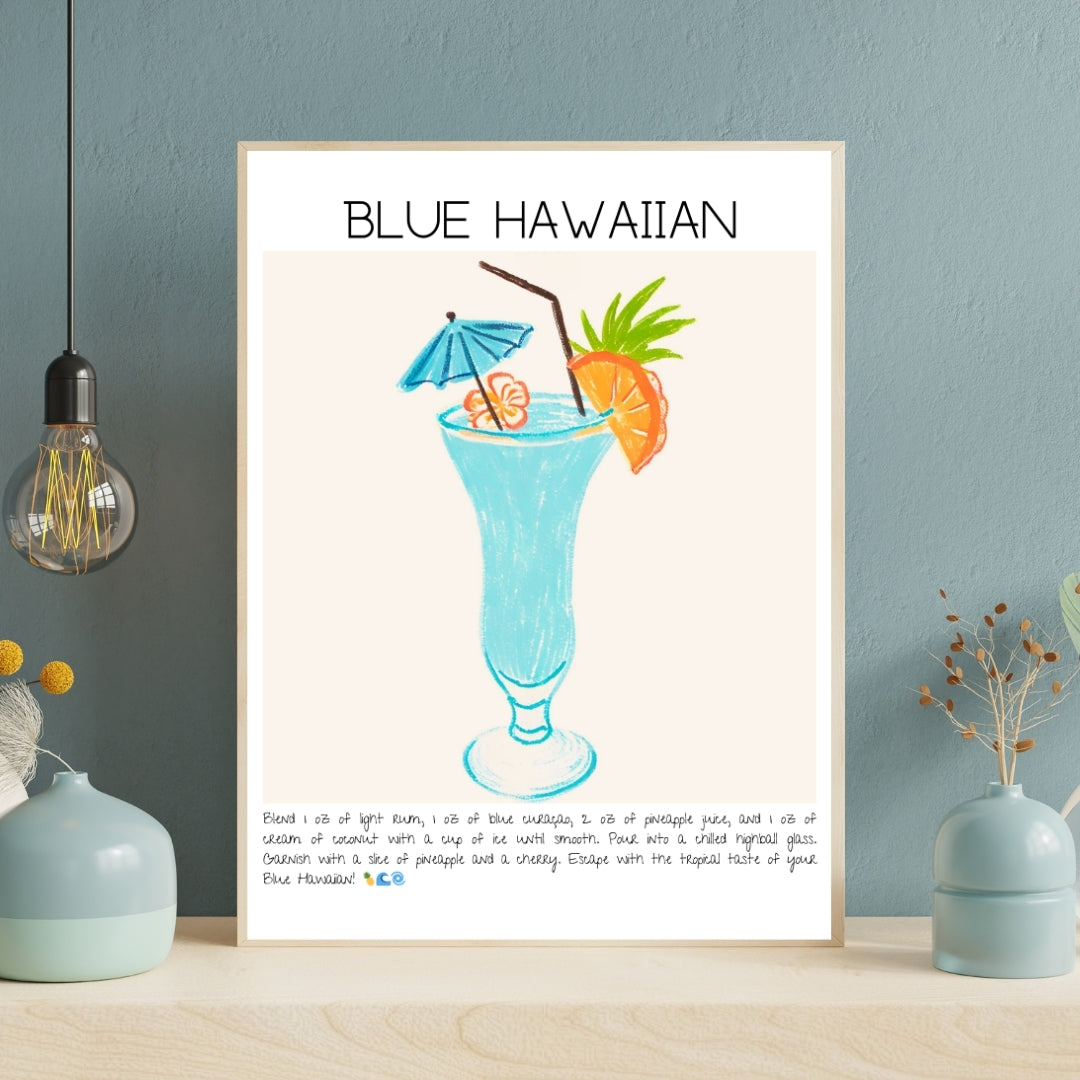 Cocktail Art Print Design Poster Blue Hawaiian Bar Decor