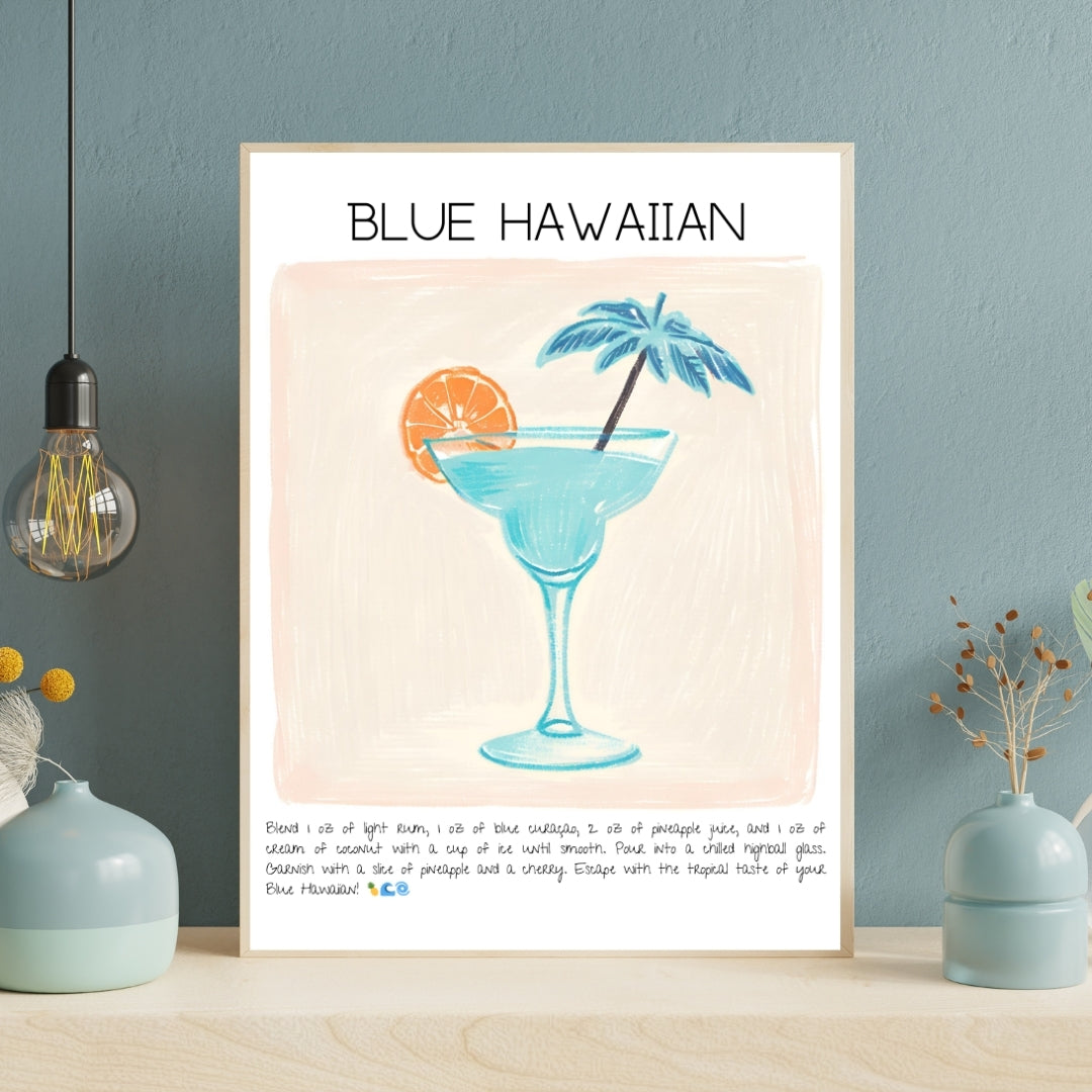 Cocktail Art Print Design Poster Blue Hawaiian Bar Decor