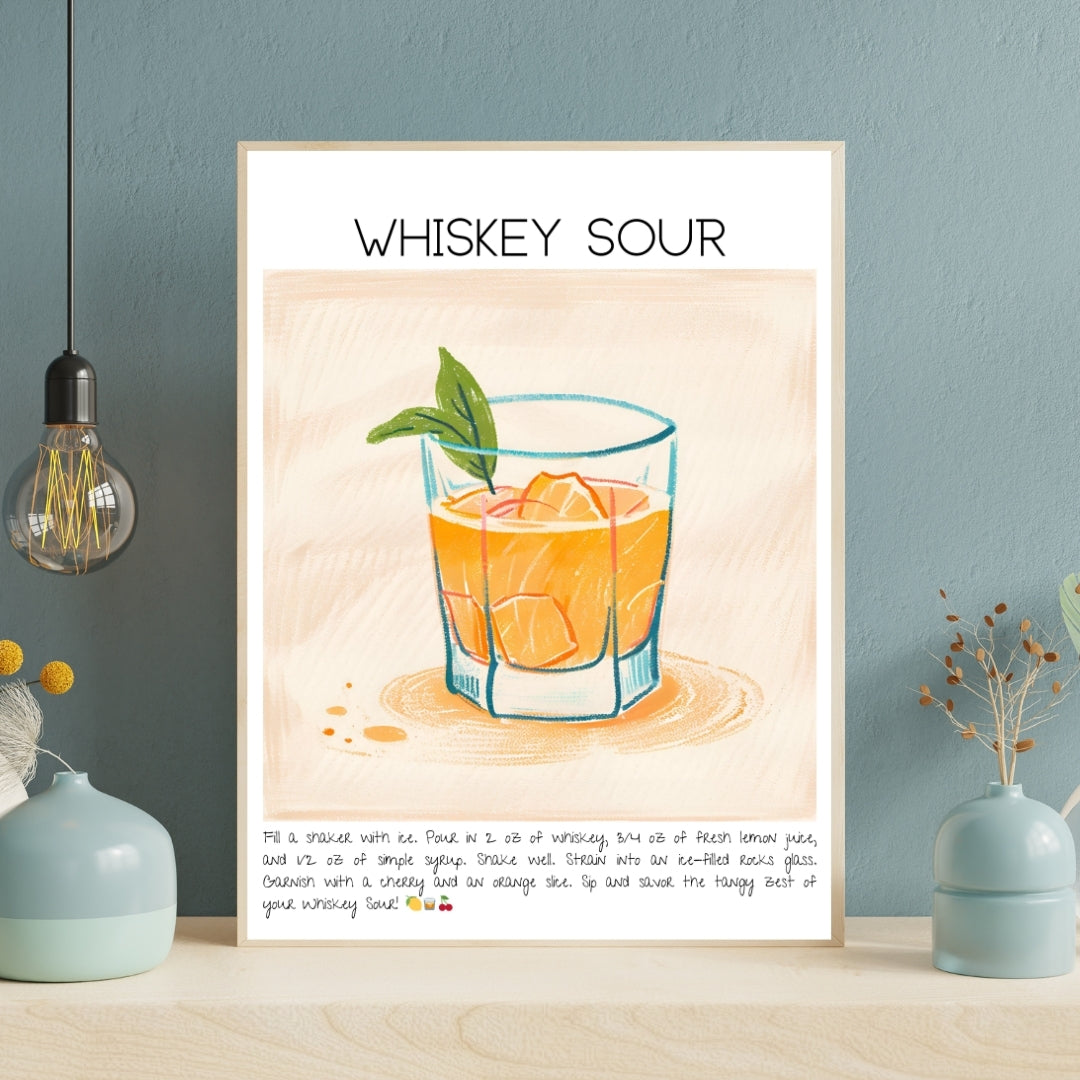 Cocktail Art Print Design Poster Whiskey Sour Bar Decor