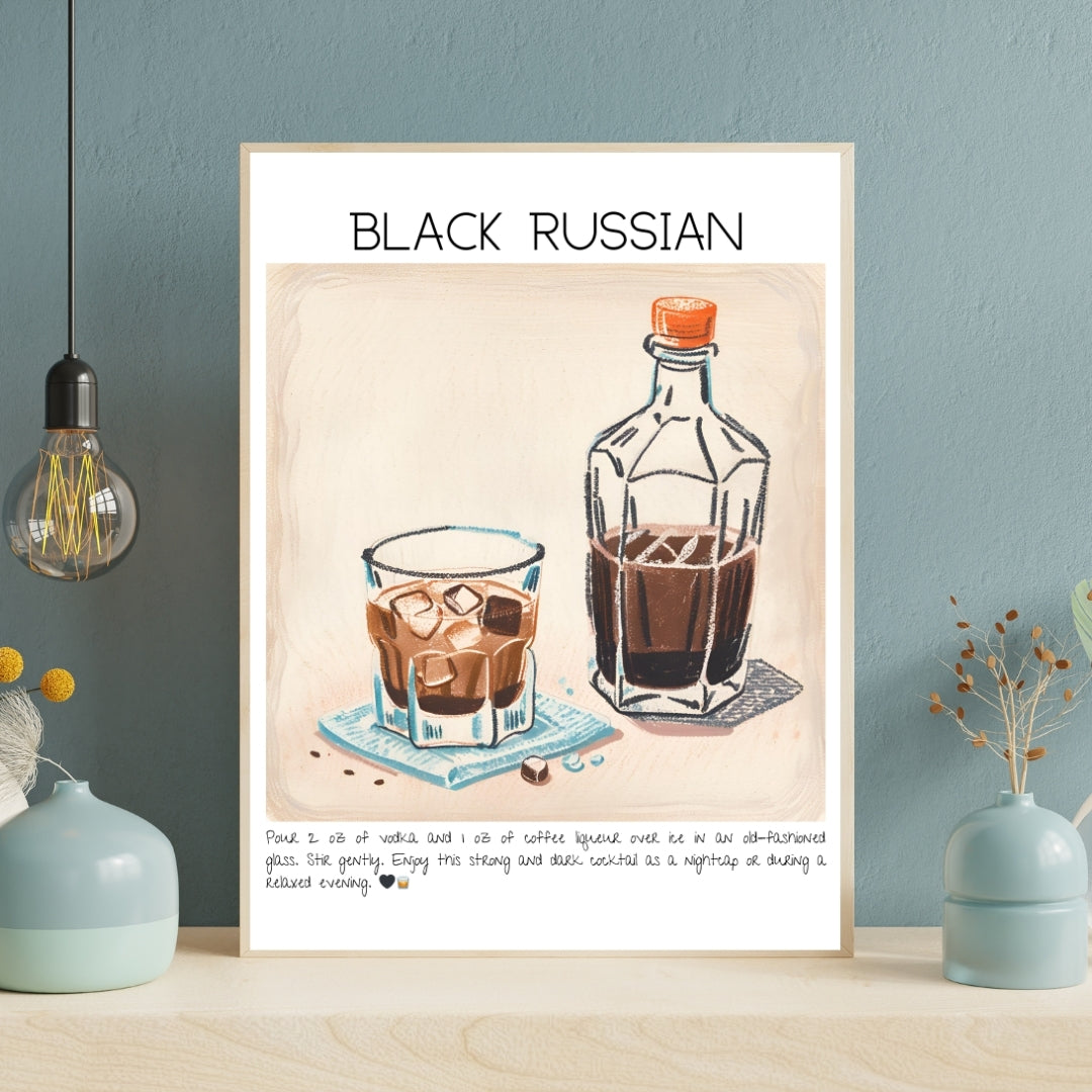 Cocktail Art Print Design Poster Black Russian Bar Decor