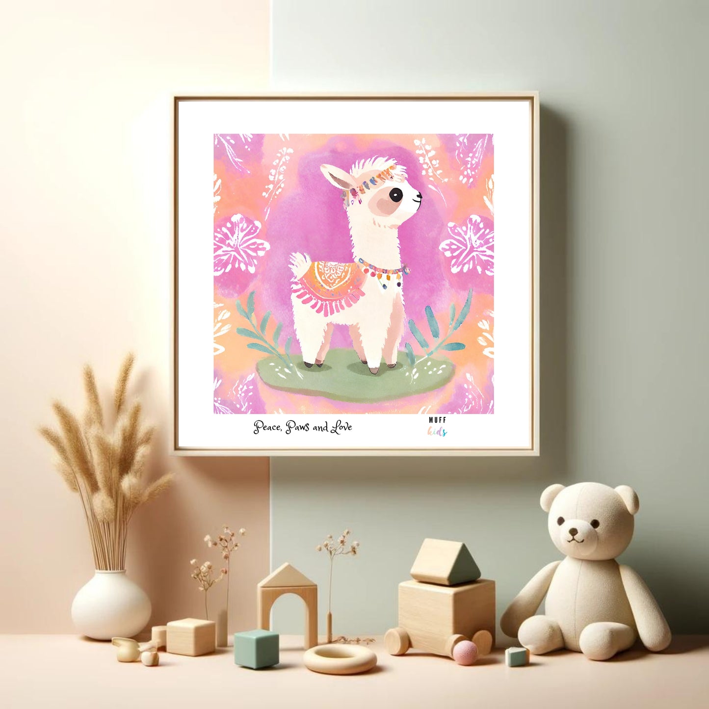 Peace, Paws and Love Llama No:2 Art Print Poster For Kids