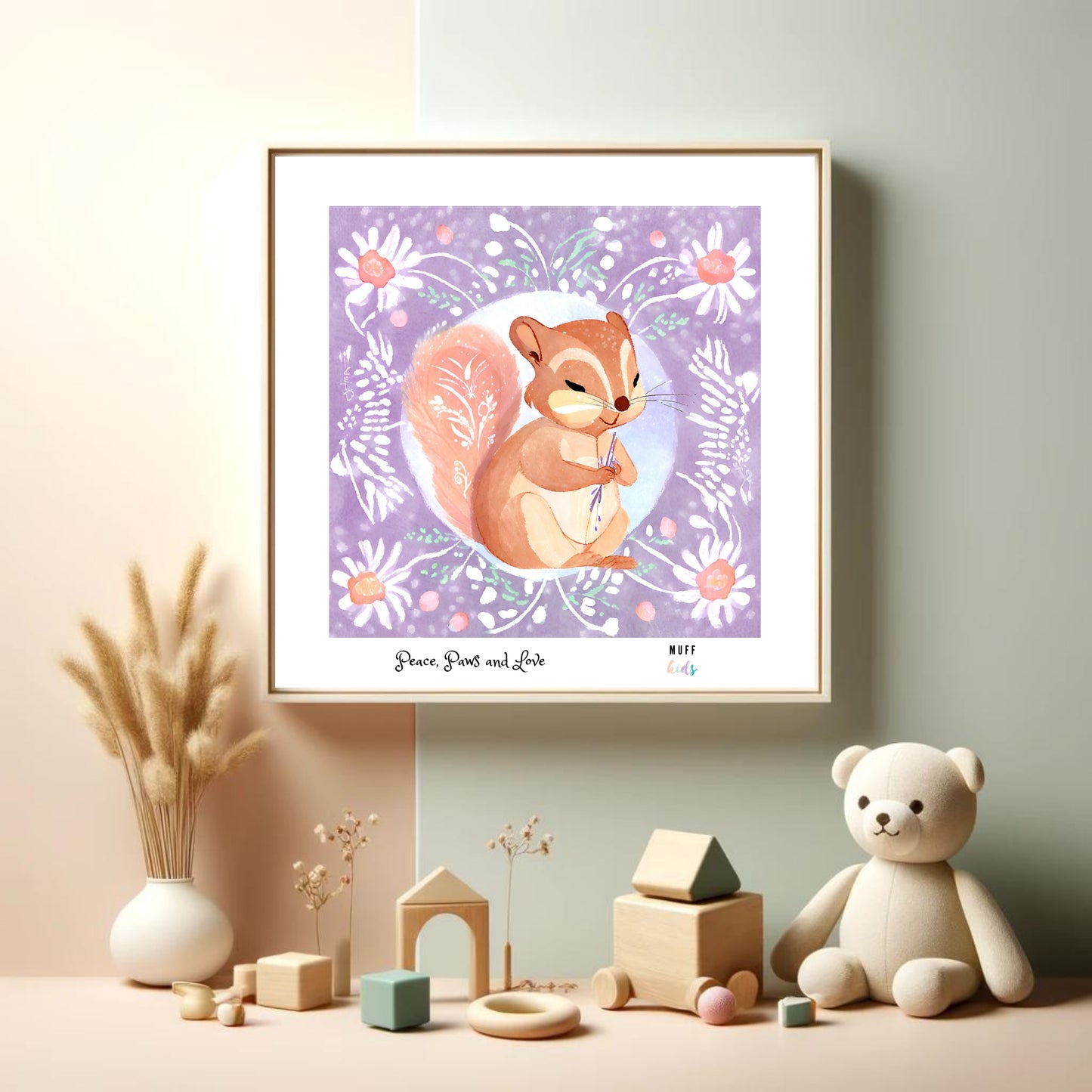 Peace, Paws and Love Squirrel No:3 Art Print Tasarım Çocuk Odası Posteri