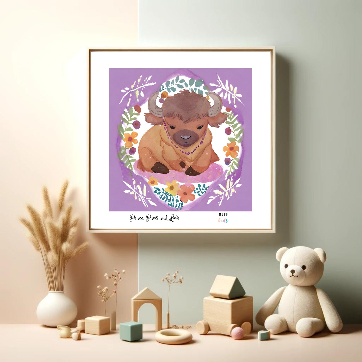 Peace, Paws and Love Bison No:3 Art Print Poster For Kids