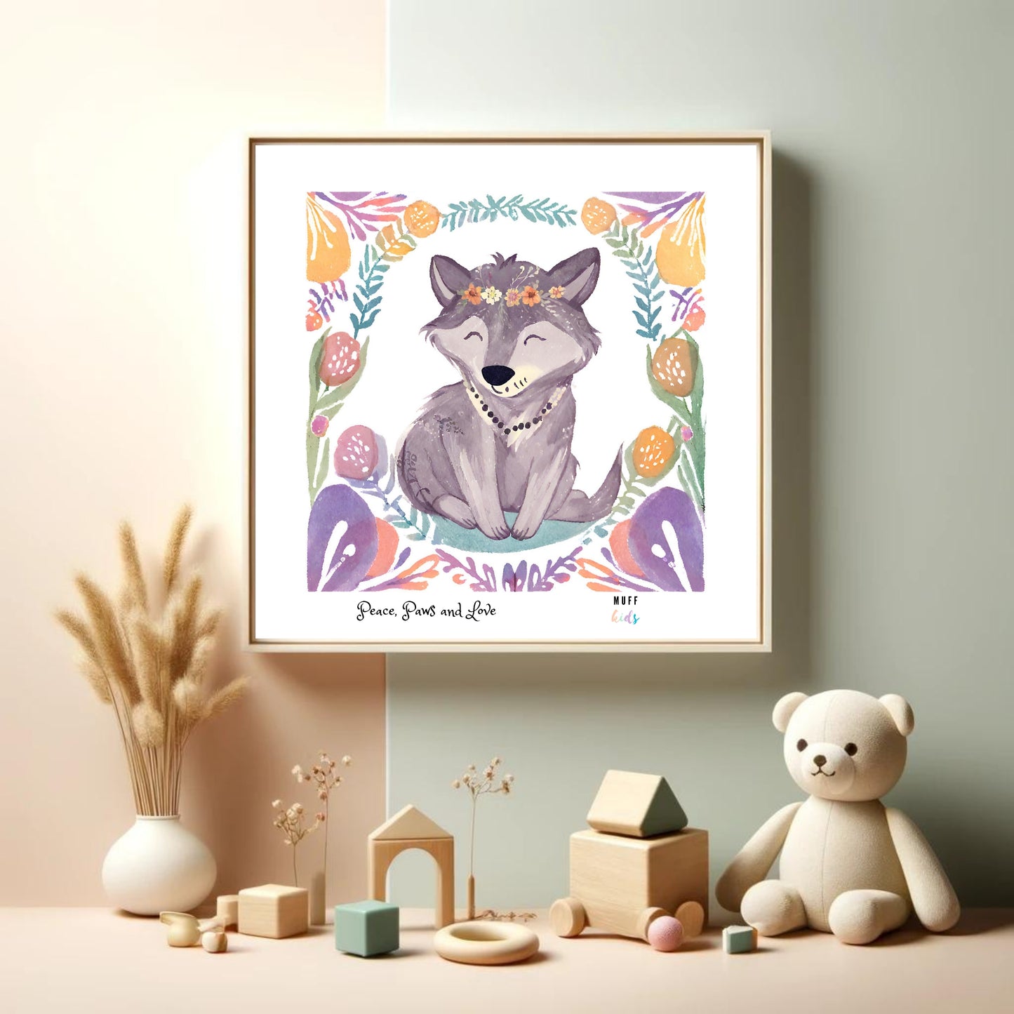 Peace, Paws and Love Wolf No:1 Art Print Tasarım Çocuk Odası Posteri