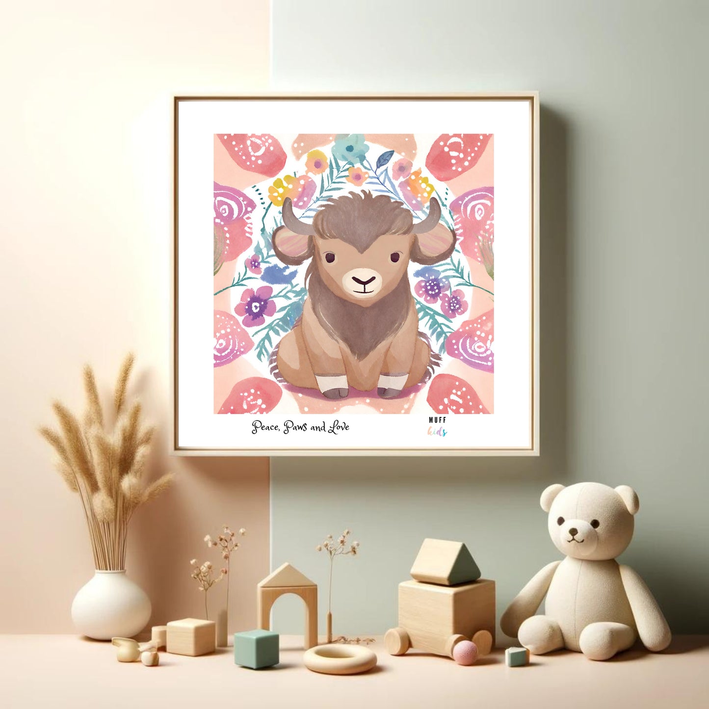 Peace, Paws and Love Bison No:2 Art Print Poster For Kids