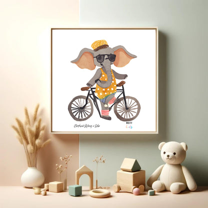 Kids Art Print Design Elephant Ride a Bike No.1 Poster For Kids