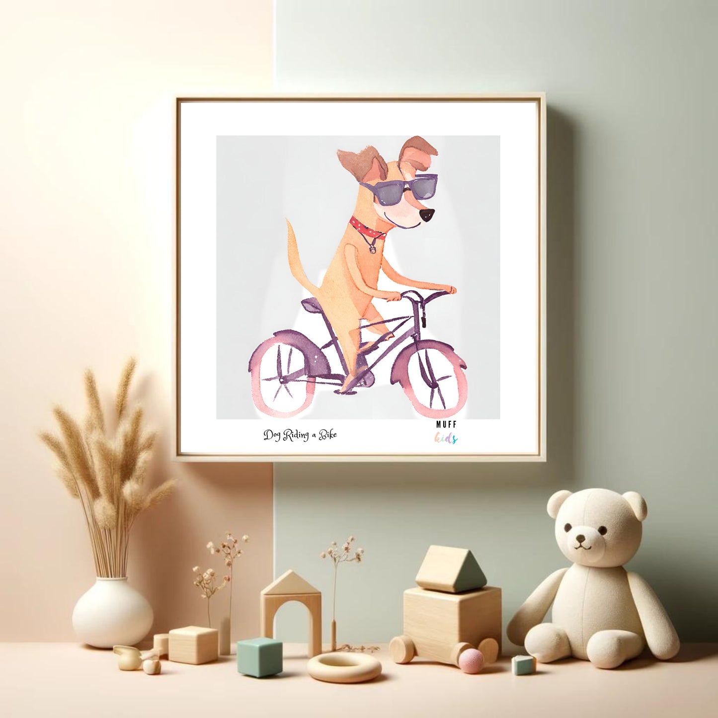 Kids Art Print Design Dog Ride a Bike Poster For Kids