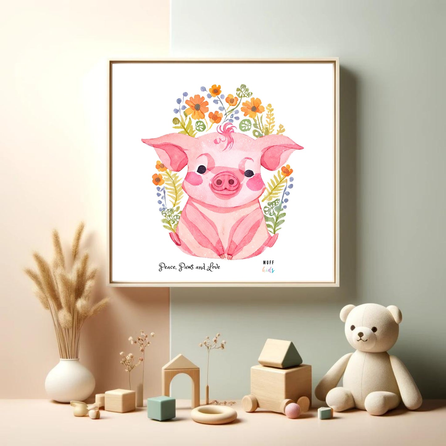 Peace, Paws and Love Pig No:1 Art Print Tasarım Çocuk Odası Posteri