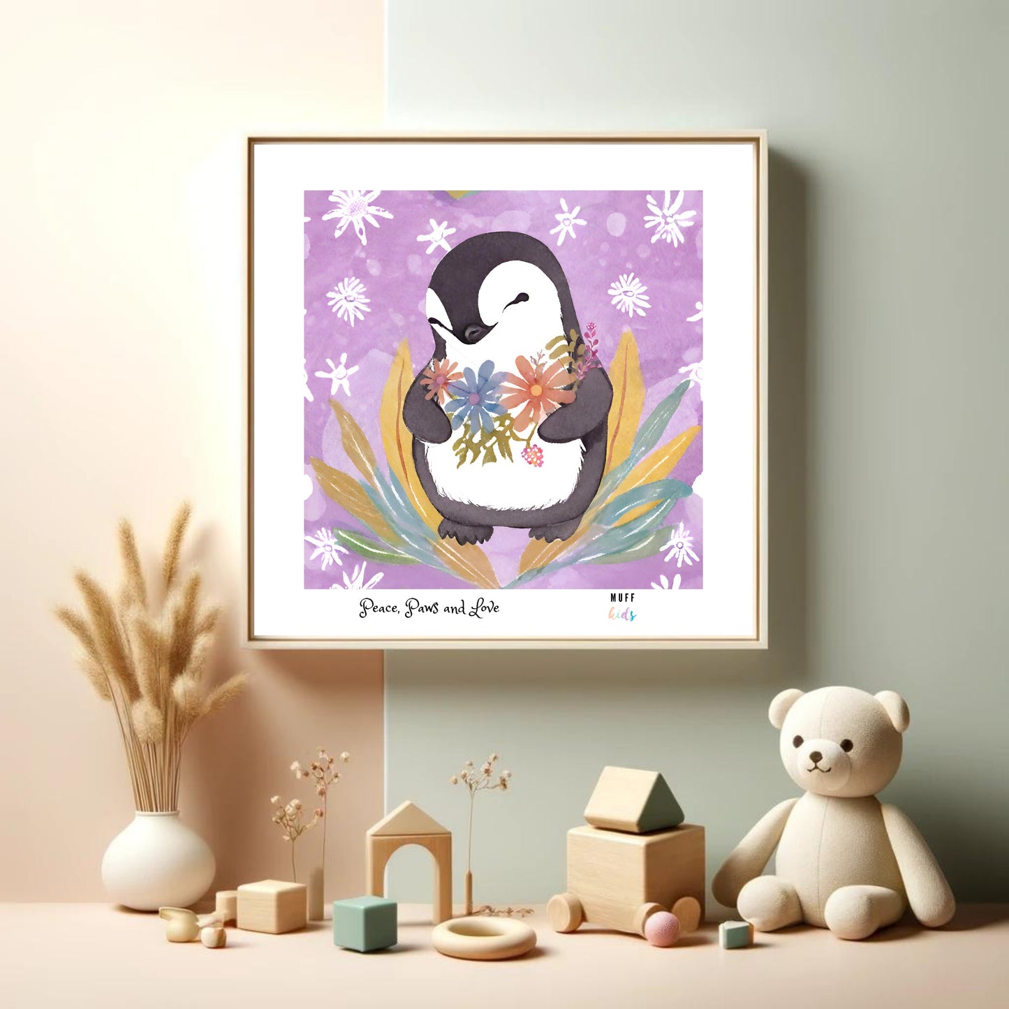 Peace, Paws and Love Penguin No:1 Art Print Tasarım Çocuk Odası Posteri