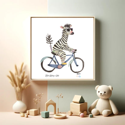 Kids Art Print Design Zebra Ride a Bike Poster For Kids