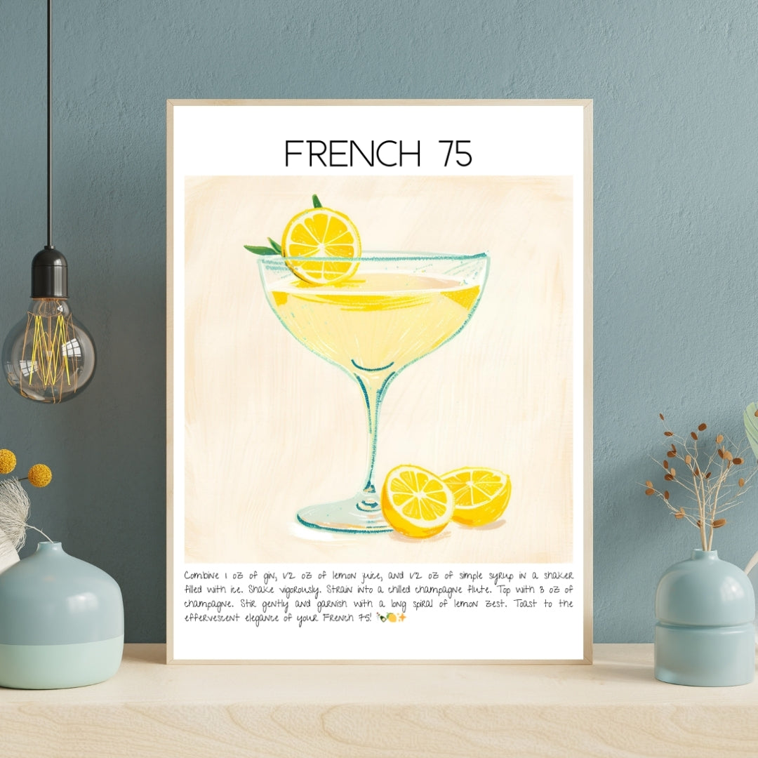 Cocktail Art Print Design Poster French 75 Bar Decor