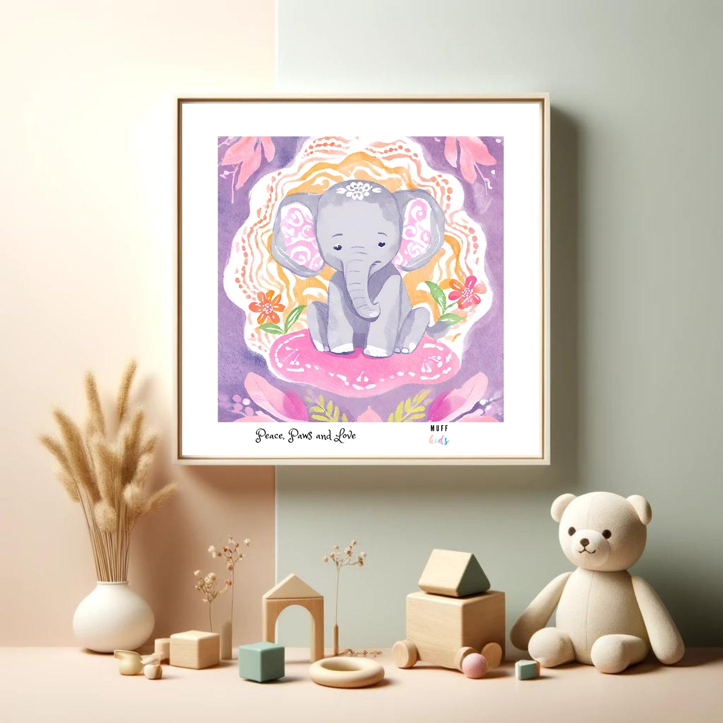 Peace, Paws and Love Elephant No:3 Art Print Poster For Kids