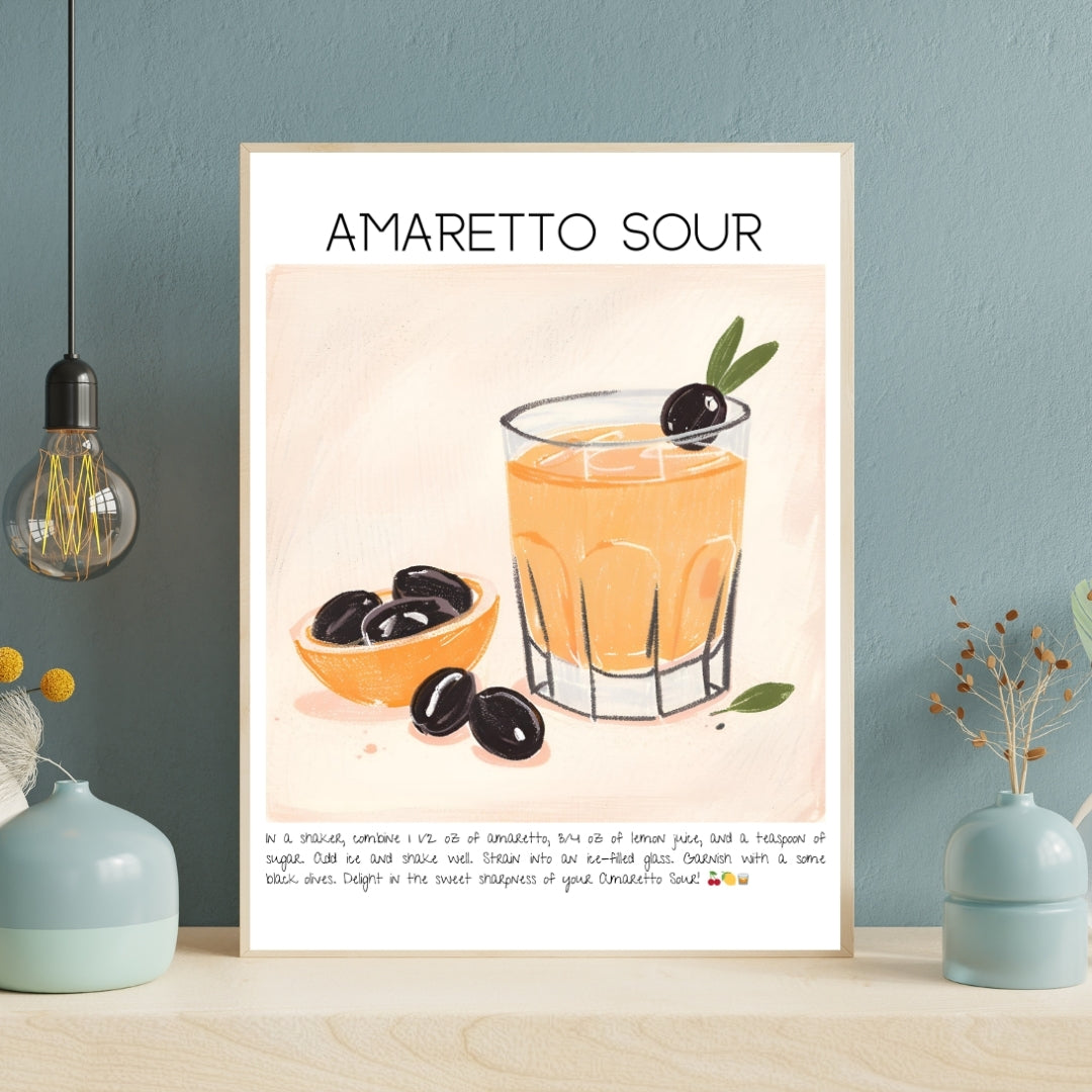 Cocktail Art Print Design Poster Amaretto Sour Bar Decor