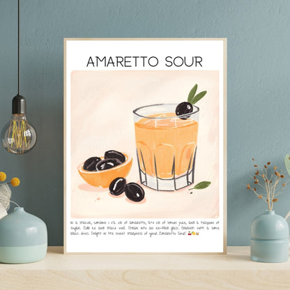 Cocktail Art Print Design Poster Amaretto Sour Bar Decor