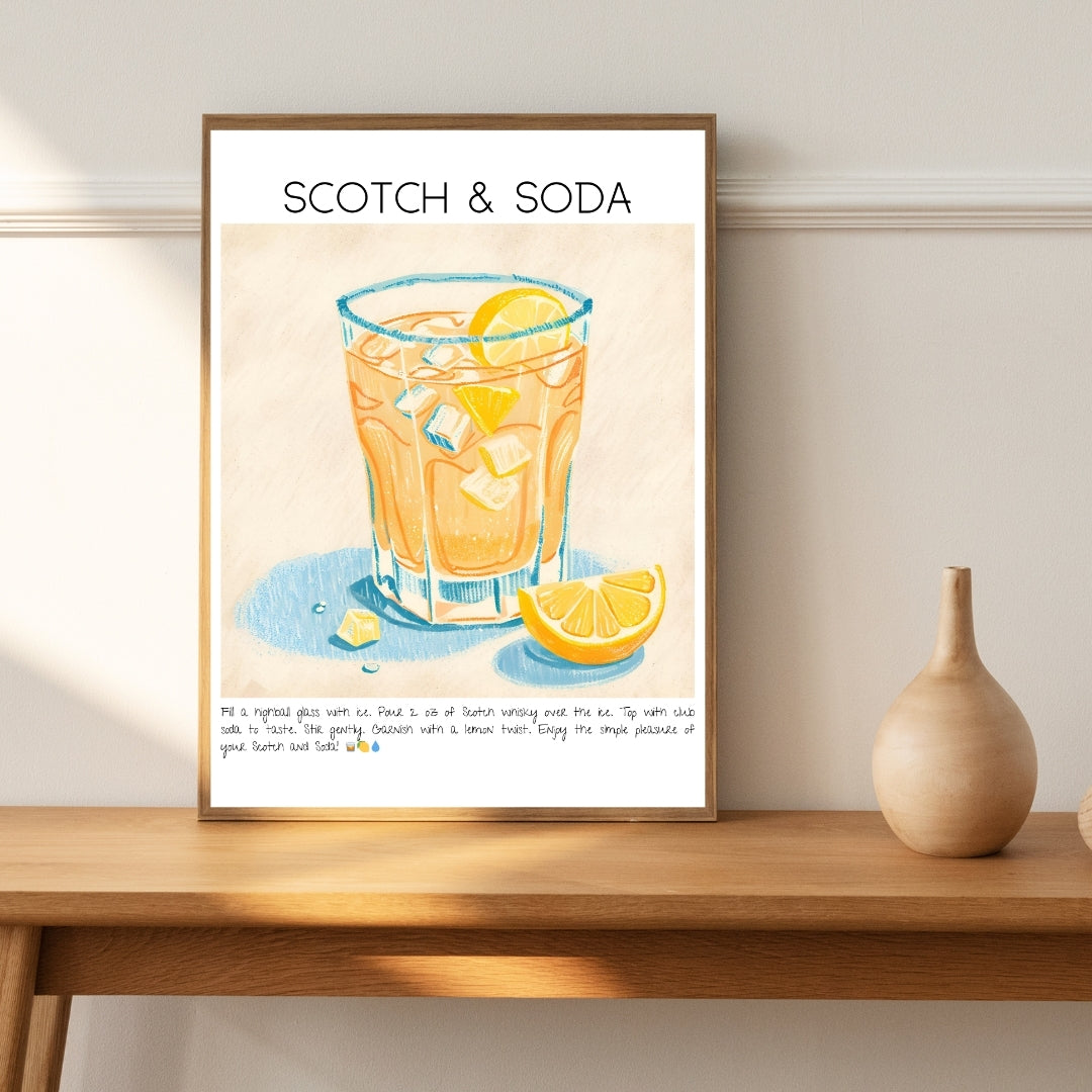 Cocktail Art Print Design Poster Scotch & Soda Bar Decor