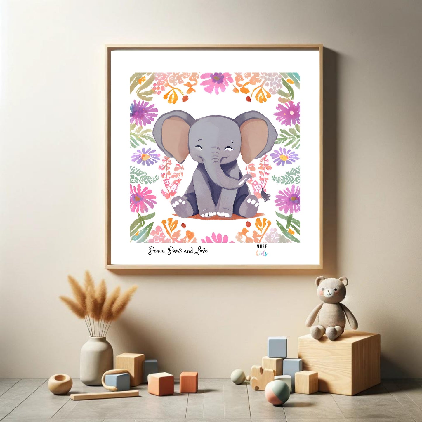 Peace, Paws and Love Elephant No:2 Art Print Poster For Kids