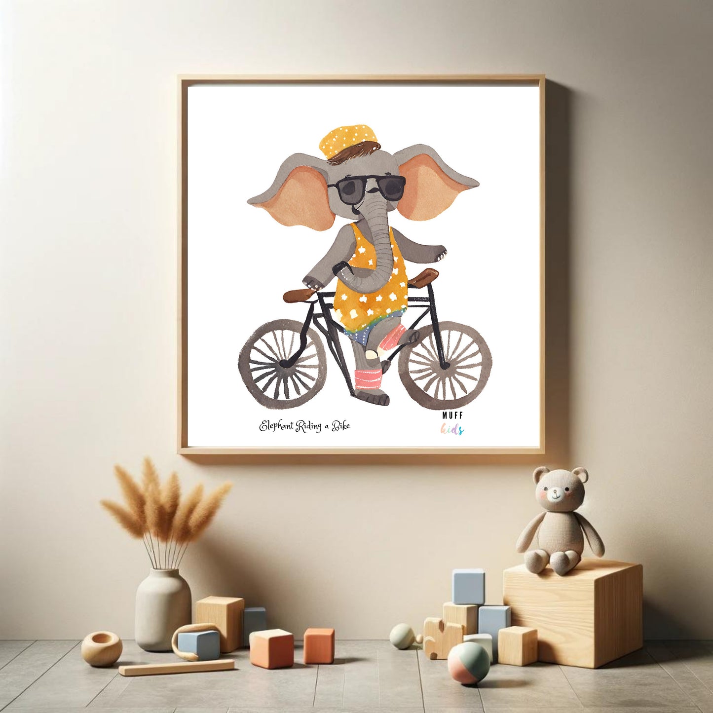 Kids Art Print Design Elephant Ride a Bike No.1 Poster For Kids