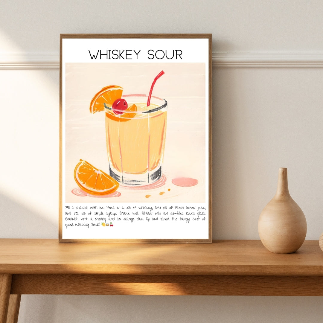 Cocktail Art Print Design Poster Whiskey Sour Bar Decor