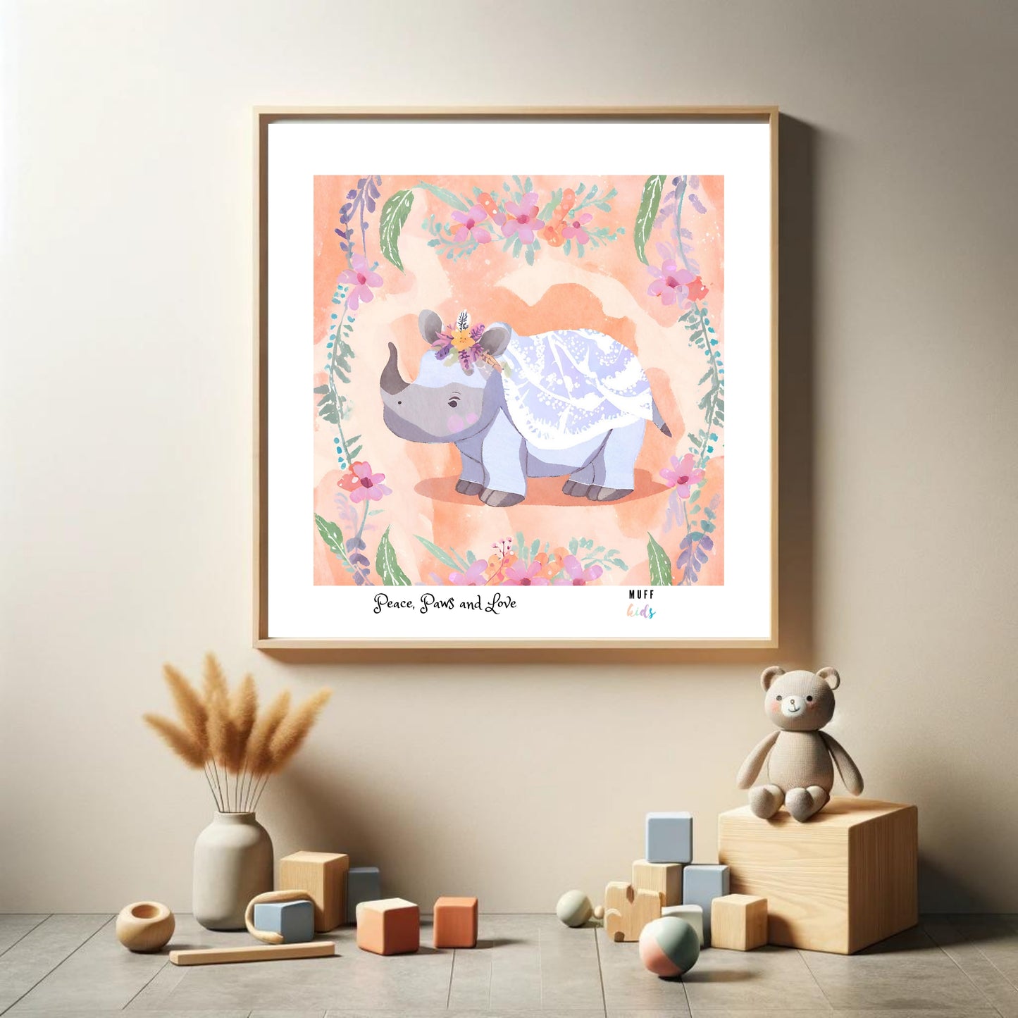 Peace, Paws and Love Hippo No:1 Art Print Poster For Kids