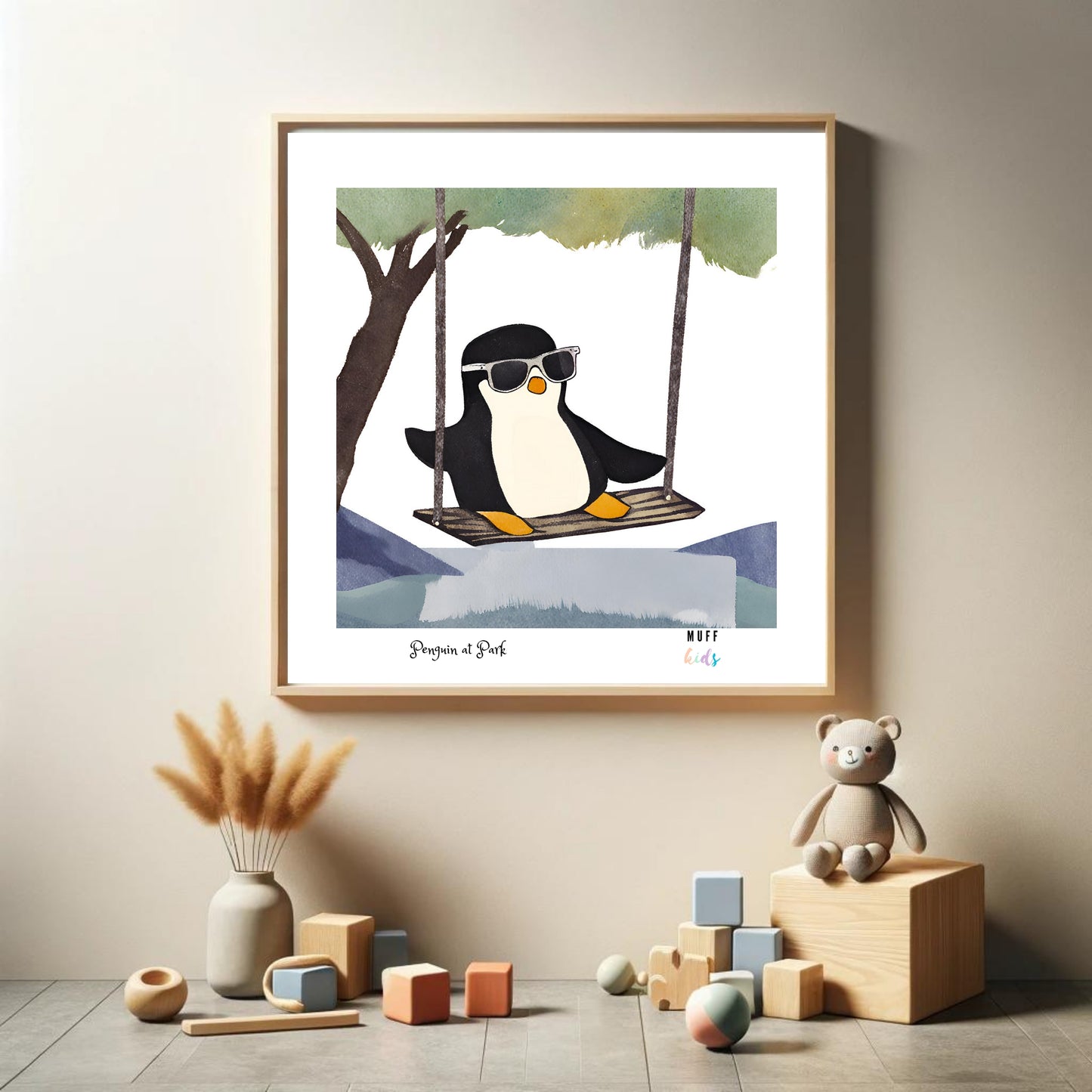 Kids Art Print Design Penguin At Park Poster For Kids