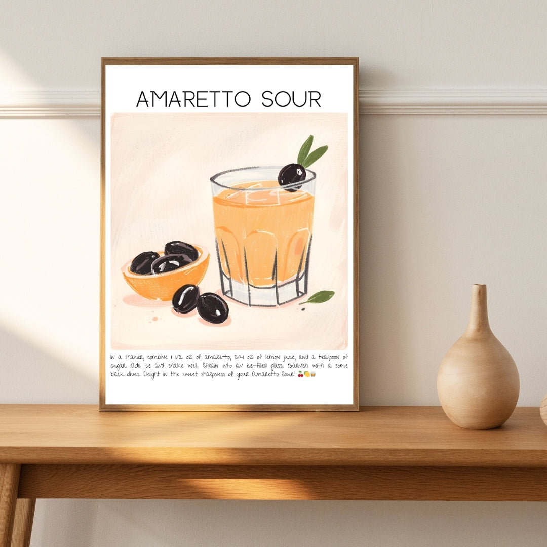 Cocktail Art Print Design Poster Amaretto Sour Bar Decor