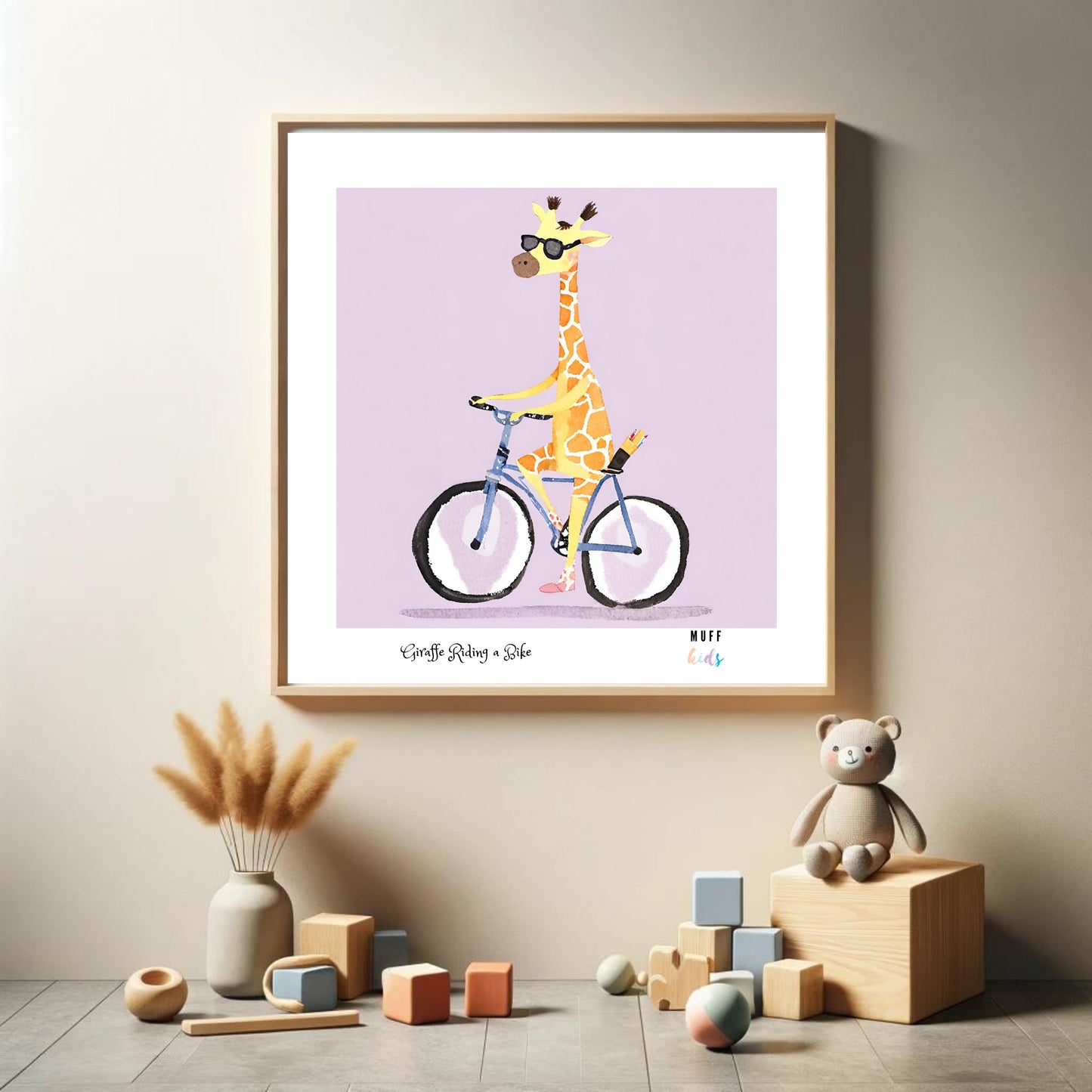 Kids Art Print Design Giraffe Ride a Bike No.3 Poster For Kids