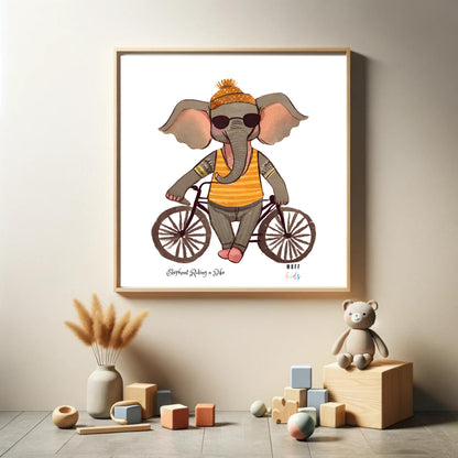 Kids Art Print Design Elephant Ride a Bike No.2 Poster For Kids